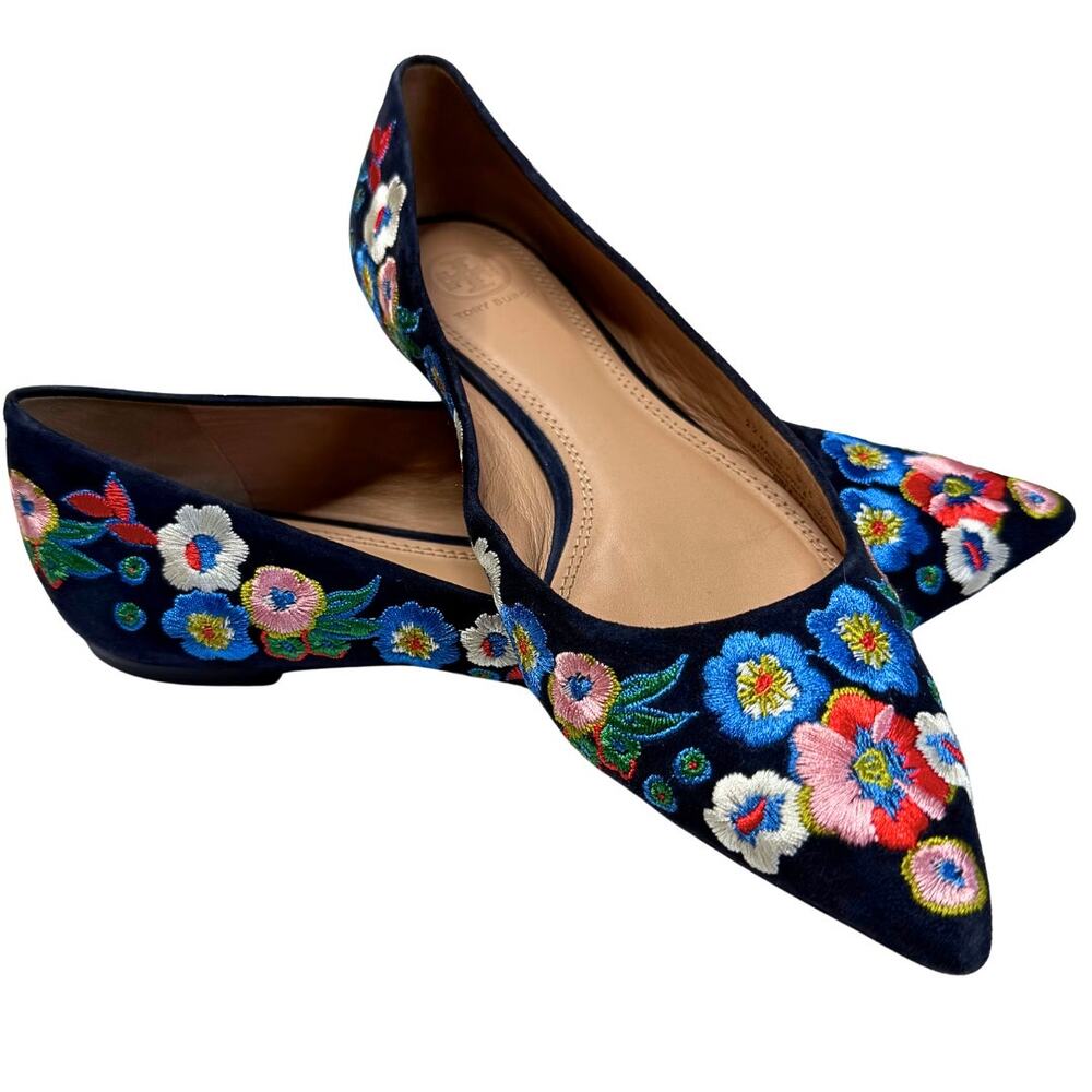 Tory Burch Rosemont Pansy Floral Suede Leather Embroidered Ballet Flats Size 7